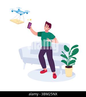 Illustration eines jungen Mannes und eines Kurierkopters mit Pizza auf dem Möbelhintergrund. Vektor. Lieferung von Lebensmitteln nach Hause. Flacher STYLE. Materialien für c Stock Vektor
