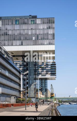 Promenade auf der Hansawerft im Rheinauer Hafen, die Kranhäuser des Architekten Hadi Teherani, Köln, Deutschland. Promenade auf der Hansawerft im RH Stockfoto