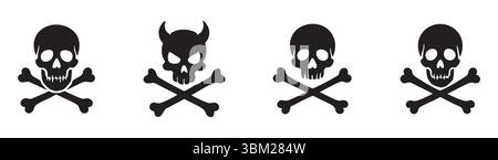 Set aus schwarzer Silhouette des menschlichen Schädels und der gekreuzten Knochen in verschiedenen Stilen isoliert auf weißem Hintergrund, grafische Illustration. Konzept von Piratensymbol, Gefahrensymbol, halloween Dekor, Designelement. Stock Vektor