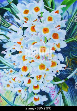 Aquarellmalerei originale realistische weiße Blume von Orchideenblume und grünen Blättern auf blauem Hintergrund. Originalgemälde Stockfoto