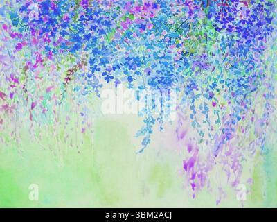 Abstraktes Aquarell Original Gemälde lila, rosa Farbe von bunten Blumen und grünen Blättern von blauem Hintergrund. Stockfoto