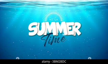 Sommerzeit Feiertagsillustration mit 3D Typografie Buchstabe auf Unterwasser-blauem Ozean Hintergrund. Realistischer Vektor Sommer Urlaub Design für Banner Stock Vektor