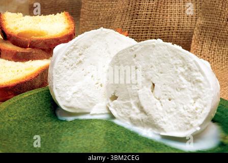 Aus nächster Nähe sehen Sie zwei Hälften frischen Mozzarella-Käse auf einer lebhaften grünen Tafel, umgeben von Molke und begleitet von gerösteten Brotscheiben Stockfoto