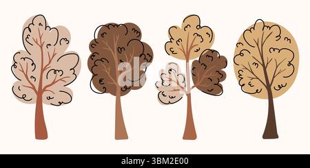Herbstbaumkollektion in handgezeichneter flacher Form. Künstlerische Bäume-Elemente-Set. Waldsymbole in braunen Farben. Woods Doodle Symbole Set. Stock Vektor