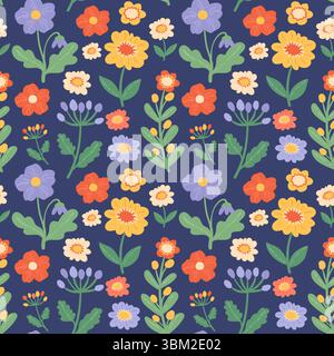 Farbenfrohes, süßes, nahtloses Blumenmuster. Sommer Wildblumen und Blätter handgezeichnetes Muster. Botanisches Doodle-Blumenmuster in modernen Farben für Kinder Stock Vektor