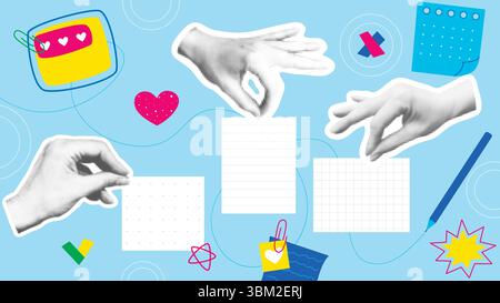 Moderne Collage, die Notizen macht. Handsatz Halbton, der Blätter hält, auf dem Hintergrund von Schreibwaren, Stiften und Aufklebern. Horizontales Banner Stock Vektor