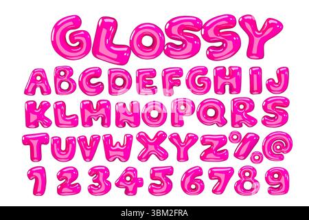 3D-Stilvektor des hochglänzenden rosa Alphabets und der Zahlen auf weißem Hintergrund Stock Vektor