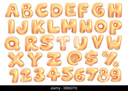 3D-Stilvektor des aufgeblähten glänzenden orange metallischen Alphabets und Zahlen auf weißem Hintergrund Stock Vektor