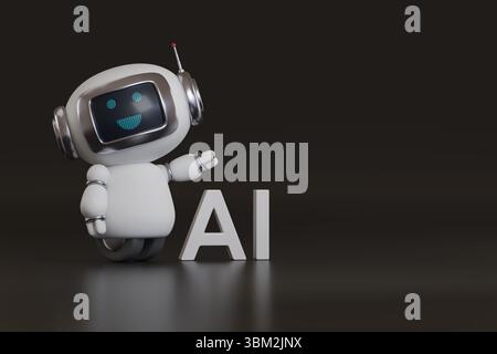 Niedlicher glücklicher Roboter mit KI-Text auf dunklem Hintergrund mit Kopierraum. 3D-Abbildung. Stockfoto