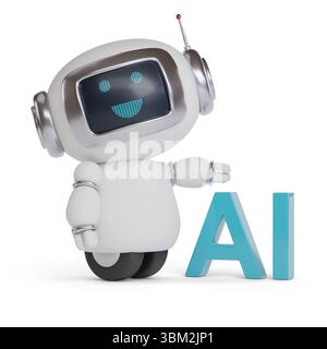 Netter glücklicher Roboter mit KI-Text auf weißem Hintergrund. 3D-Abbildung. Stockfoto