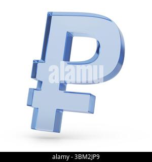 Dreidimensionales Rubelsymbol aus Glas isoliert auf weißem Hintergrund. 3D-Abbildung. Stockfoto