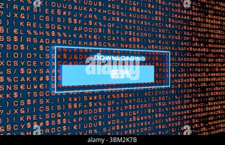 Computerbildschirm, Download-Symbol und Fortschrittsleiste. Computerbildschirm, Download-Symbol und Fortschrittsleiste. Gerätebildschirm, Download-Symbol und Fortschrittsleiste. Nicht autorisierter Download, gehacktes Computersystem, Cyberkriminalität, Daten, Datei, IT-Sicherheit, roter Code im Hintergrund. 3D-Illustration img technology060s02 Download random Letters Signs Stockfoto