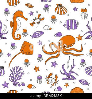 Vektor nahtlose Muster Illustration Meeresalgen Korallenfisch Stachelrochen Seahorse Qualle Muschel Krabbe Unterwasserwelt des Ozeans Meeresboden Meeresboden Stock Vektor