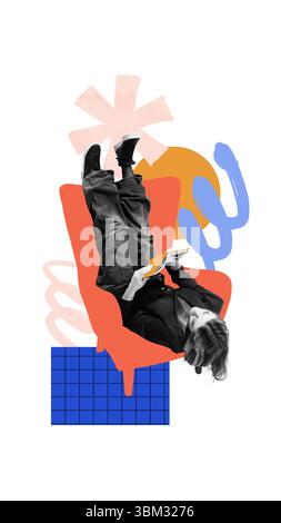 Der Student entspannt sich kopfüber im Stuhl während der Lernpause. Poster zurück zur Schule Stockfoto