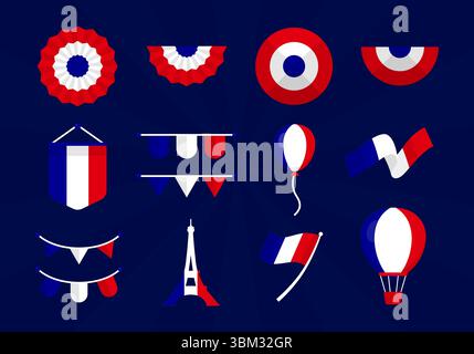 Frankreich Flaggenelement-Kollektion Set mit roten, blauen und weißen Farben auf dunkelblauem Hintergrund Stock Vektor