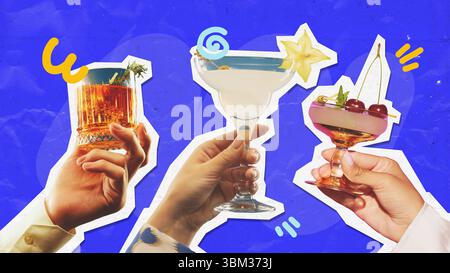 Drei Cocktails in der Hand vor farbenfrohen Papier geschnittenen Collagen-Hintergrund für Baraktionen Stockfoto