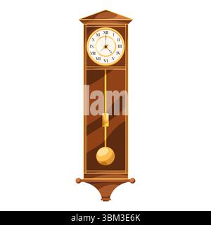 Retro-Uhr mit Pendel- oder Wanduhr. Vektor-Clipart für Haus oder Haus Zeitmesser Holzgerät mit römischer Nummer. Mechanische vertikale Bewegungsdekoration. Antike Schaukelkonstruktion. Uhrmacherkunst. Stock Vektor