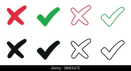 Grünes Häkchen und rotes Kreuz. Satz einfacher Symbole in flacher Form Stock Vektor