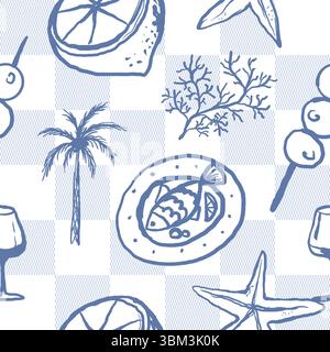 Sea Food Urlaub nahtloses Karomuster. Wein, Fisch, Palmen und Korallen handgezeichnete Illustration. Design für Textilien, Papierverpackungen im Restaurant und Stock Vektor