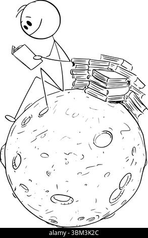 Person, die es genießt, Buch ungestört auf einem kleinen ruhigen Planeten zu lesen, Vektor-Cartoon-Stabfigur oder Charakterillustration. Stock Vektor