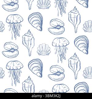 Vektor Muscheln und Meerestiere nahtlose Muster. Muschelsymbole in Blau auf weiß. Meeresleben Hintergrund. Stock Vektor