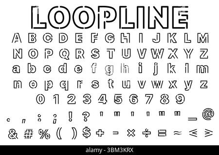 Kreative, moderne Umrissschrift mit Groß- und Kleinbuchstaben, Zahlen und Symbolen in einzigartigem Loopline-Stil auf weißem Hintergrund. Stock Vektor