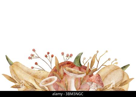 Aquarellrot, gelbe Kürbisblätter Pilze Beeren. Rahmen handgezeichnete Illustration von Herbsterntegemüse im Retro. Zusammensetzung für Stockfoto