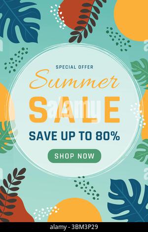 Helles Sommer-Verkaufs-Banner mit abstrakter Laub-Vektor-Illustration. Stock Vektor