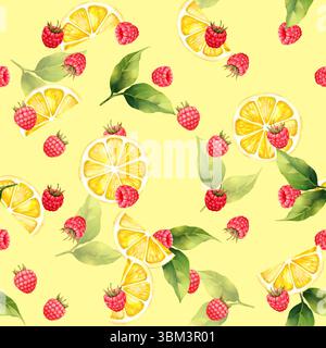 Nahtloses Muster mit handgezeichneten Zitronen und Himbeeren. Hintergrund der Früchte. Verzierung wiederholen Stockfoto