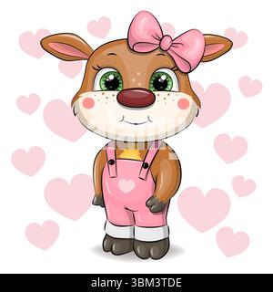 Cartoon-Illustration eines Rentiermädchens mit rosa Overalls und einer Schleife, umgeben von rosa Herzen. Weißer Hintergrund. Passend zum Valentinstag. Stock Vektor