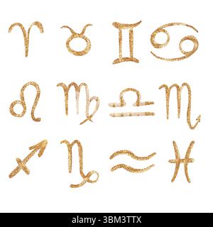Set aus goldenen Glitzer-Sternzeichen und -Symbolen. Horoskop, Astrologie. Zwölf Konstellationen isoliert. Stockfoto