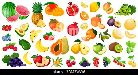Frisches tropisches Obst. Vektor-Beeren-Illustration. Gesunde vegane Lebensmittel, Landwirtschaft und Ernte Design Elemente. Apfel, Banane, Orange, Erdbeere, bl Stock Vektor