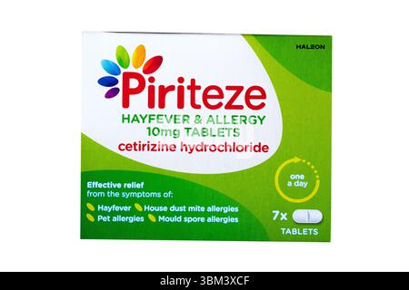 London UK, 24. Juni 2025, Packung oder Packung mit Piriteze Heuschnupfen und Allergie Tabletten Stockfoto