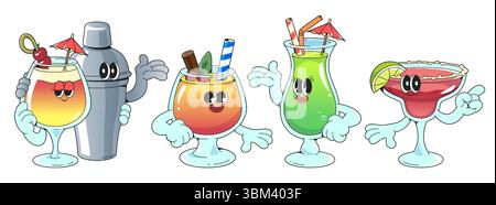 Grooviges Cocktailset mit Cartoon-Persönlichkeiten - tropische Getränke mit ausdrucksstarken Augen, Handschuhe für Gesten. Gläser mit Sommergetränken am Strand lächeln, umarmen, Arme winken und zeigen. Stock Vektor