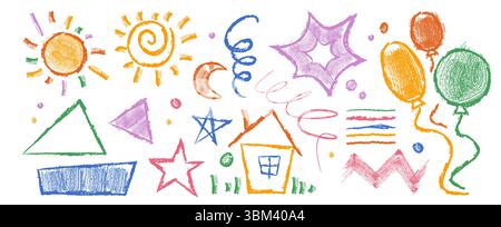 Lebendige Buntstift-Kritzelgemälde mit kindlichen geometrischen Formen und verspielten Kritzeleien. Farbenfrohe handgezeichnete Elemente im skizzenhaften Stil für die Kreativität Ihrer Kinder. Fröhliche Sammlung abstrakter Illustrationen. Stock Vektor