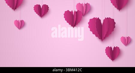 Rosafarbene Herzgirlande mit gewellten Kanten, die an den Schnüren hängen – Papierschliff für romantische Valentinstag-Präsentationen. Realistische 3D gefaltete Ausschnitte auf pastellfarbenem Hintergrund für die Dekoration der Liebesfeier. Stock Vektor