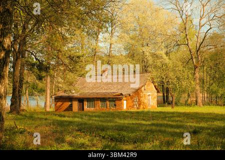 Ein verlassenes Haus aus rotem Backstein steht ruhig in einer Waldlichtung, umgeben von blühenden Frühlingsbäumen und wilden Löwenzahn. Stockfoto