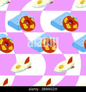 Leuchtendes, nahtloses Muster mit Cartoon-Surfbrettern, aufblasbaren Entenringen und blauen Luftschwimmern. Flaches Sommerdesign auf rosa und weißem welligen Hintergrund. Stock Vektor