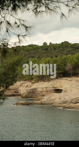 Felsige Klippen am Meer mit verstreuten Menschen, die sich sonnen und schwimmen, umgeben von einem dichten Kiefernwald. Natur an der Küste und Freizeit im Freien. Stockfoto