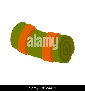 Flache Karikaturabbildung einer gerollten grünen Camping-Schlafmatte mit orangefarbenen Trägern. Einfaches Symbol für Outdoor-Ausrüstung, isoliert auf weißem Hintergrund. Stock Vektor