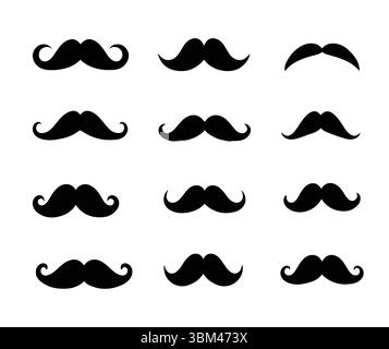 Ein klares und vielseitiges Vektorset mit 12 einzigartigen Schnurrbart-Styles, darunter Retro-, Hipster-, Lenker- und klassische Designs. Stock Vektor