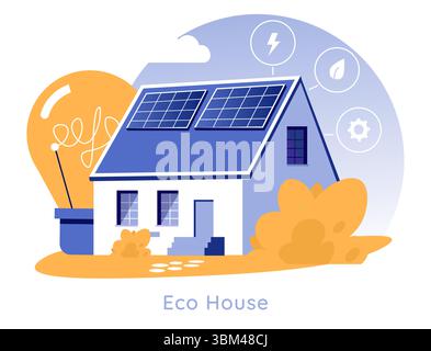 Umweltfreundliches Hausdesign mit Solarpaneelen und Symbolen für Energieeffizienz. Diese Illustration stellt Lösungen für nachhaltiges Wohnen und die Nutzung erneuerbarer Energien für moderne Haushalte zur Bekämpfung des Klimawandels dar. Stock Vektor