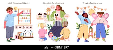 Illustration mit mathematischen Spielen, sprachlicher Entwicklung und kreativen Darbietungen in einer lehrreichen Umgebung. Kinder lernen durch interaktive Aktivitäten und ansprechendes Spiel. Stock Vektor