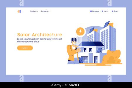 Solararchitektur Illustration einer Person, die Solarpaneele in einem modernen Stadtbild hält. Hebt die Vorteile erneuerbarer Energien und nachhaltiger Gestaltung in städtischen Umgebungen hervor. Vektorabbildung. Stock Vektor