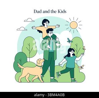 Fröhlicher Familienspaziergang mit Vater und Kindern, der einen sonnigen Tag im Freien mit verspieltem Hund in einer grünen Parklandschaft genießt. Vektorabbildung. Stock Vektor