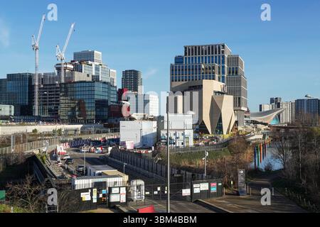 Baustelle der East Bank Stratford Waterfront mit V&A East Museum und dem London College of Fashion, London, England Großbritannien Stockfoto