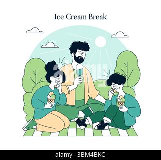 Familie genießt Eis im Freien Vektor Illustration. Ein Vater und zwei Kinder genießen Eiskegel an einem sonnigen Tag im Park, sitzen auf einer karierten Decke. Stock Vektor