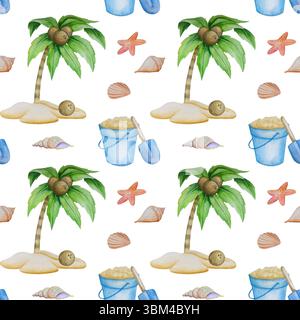 Handgezeichneter Sommerstrand mit Küstenortgegenständen wie Palme, Sonnenschirm, Cocktails, Muscheln, Sonnenbrillen, Hut und Blumen Stockfoto