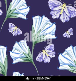 Nahtlose Muster Aquarell Mondblumen Blätter Motte Nacht Schmetterling Hand gezeichnete Illustration. Bemalte Blumenelemente. Botanische Naturobjekte Stockfoto