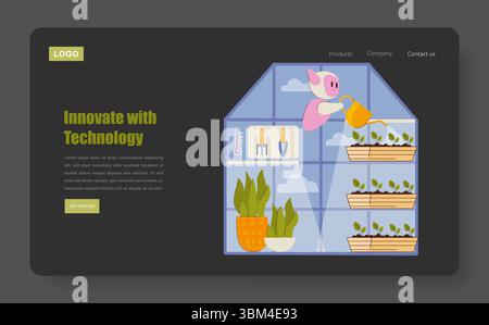 Gartenbaukonzept. Gewächshaus mit Roboterbewässerungsanlagen, digitalen Werkzeugen und gesunden Setzlingen. Technologie und Innovation verbessern das Pflanzenwachstum und sorgen für eine nachhaltige städtische Landwirtschaft. Vektorabbildung. Stock Vektor